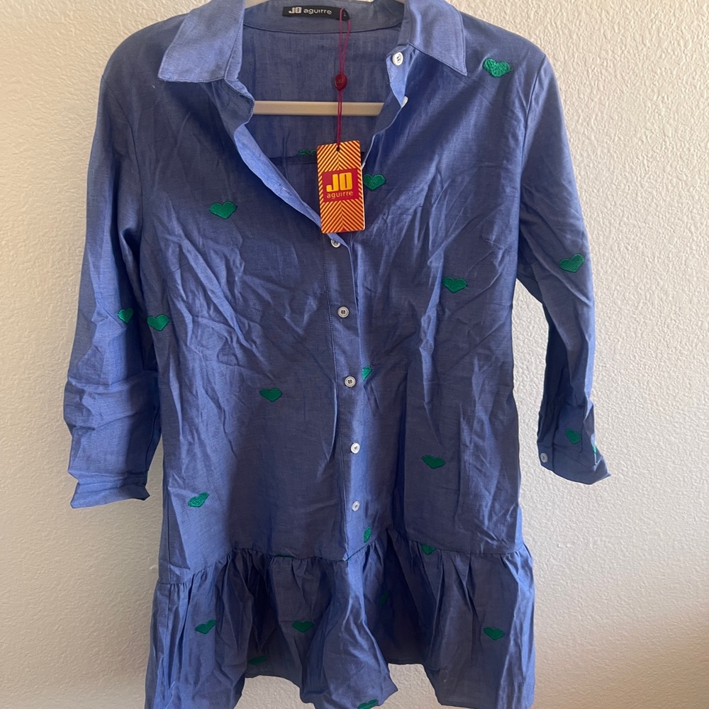 Blue Button-Up Dress with Green Leaf Accents